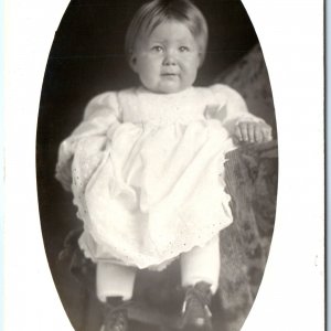 c1910s Cute Big Baby RPPC Emma, Little Girl in Dress Real Photo Oval Border A159