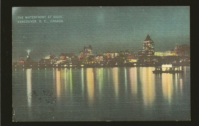 Postmark 1947 Vancouver BC Waterfront at Night Linen  Postcard