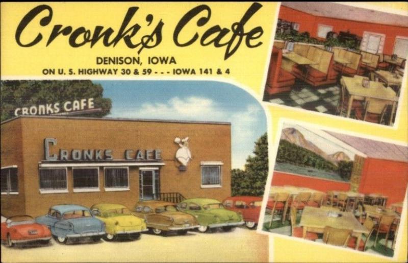 Denison IA Cronk's Caf‚ Old Cars NICE ROADSIDE LINEN Postcard