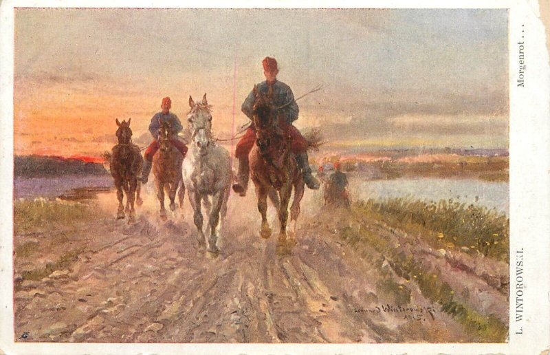 Fine art postcard painting L. Wintorowski Morgenrot cavalry
