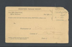 1885 Registered Package Receipt From Fayetteville Ind Postal Card