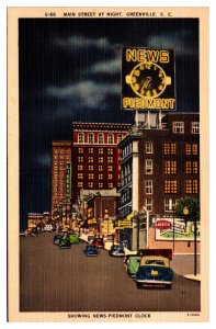 VTG Main St at Night, News-Piedmont Clock, Amoco Ad, Greenville, SC Postcard