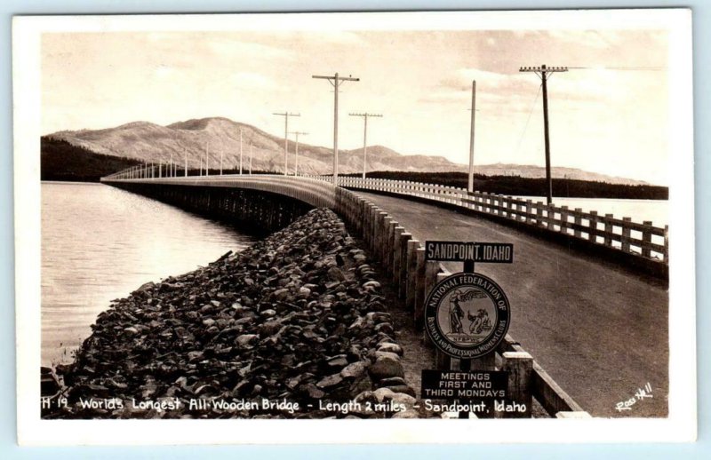 RPPC SANDPOINT, Idaho ID ~ World's Longest ALL WOODEN BRIDGE Ross Hall Postcard 