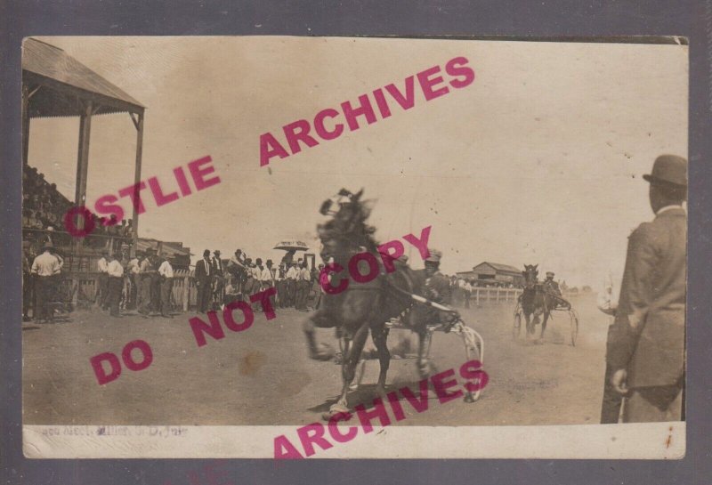 Miller SOUTH DAKOTA RPPC c1910 HARNESS RACE Horse Racing JULY 4TH Sulky Trotting