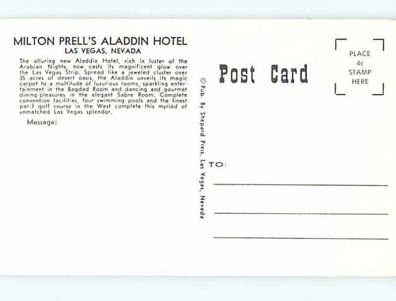 Pre-1980 BLACKJACK RULES POSTCARD FROM ALADDIN CASINO HOTEL Las Vegas NV B0725