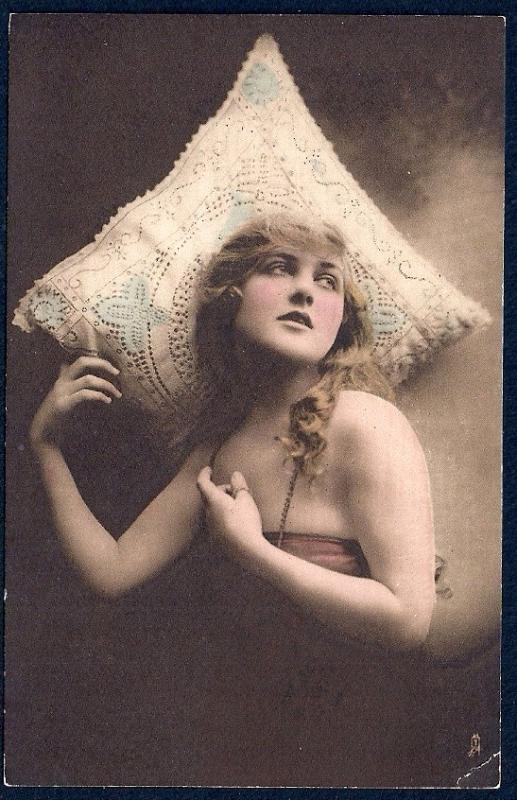 Glamorous Woman & Lace Pillow Unused c1910s