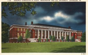 Vintage Postcard 1930's Doremus Gymnasium Building At Night Lexington Virginia
