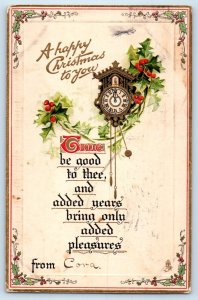 Christmas Postcard Holly Berries Ringing Clock Embossed Tuck Boston MA 1909