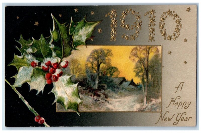 1910 New Year Holly Berries Winter Winsch Back Embossed Schwenville PA Postcard