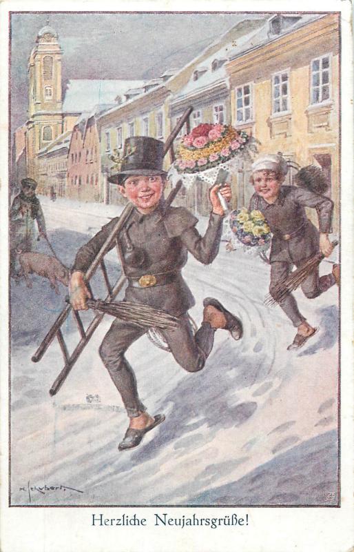 Girl chimney sweep chasing boy Austria New Year artist signed fantasy postcard