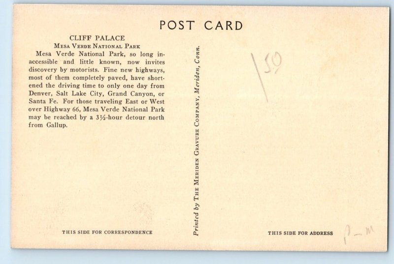 c1940 Mesa Colorado Postcard Cliff Palace Mesa Verde National Park Grand Canyon