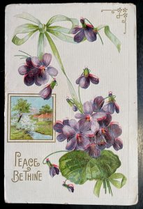 Vintage Victorian Postcard 1909 Peace Be Thine - Violets with Green Ribbon