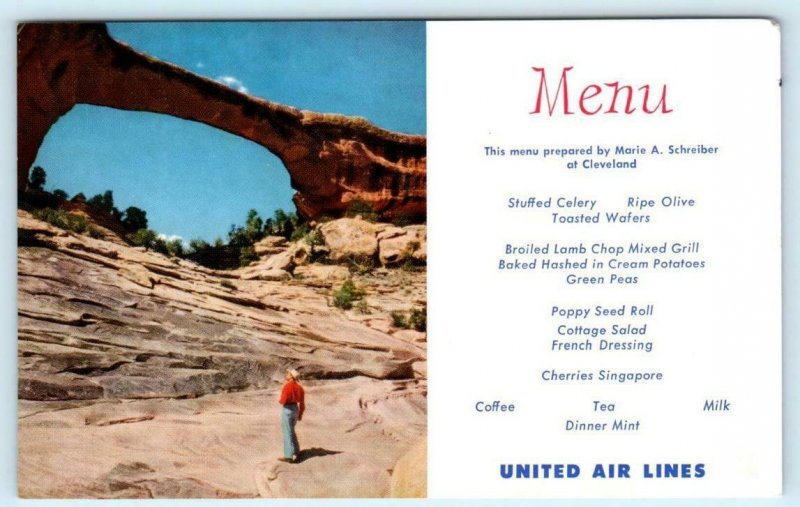 UNITED AIR LINES MENU Advertising NATURAL BRIDGES National Monument Postcard