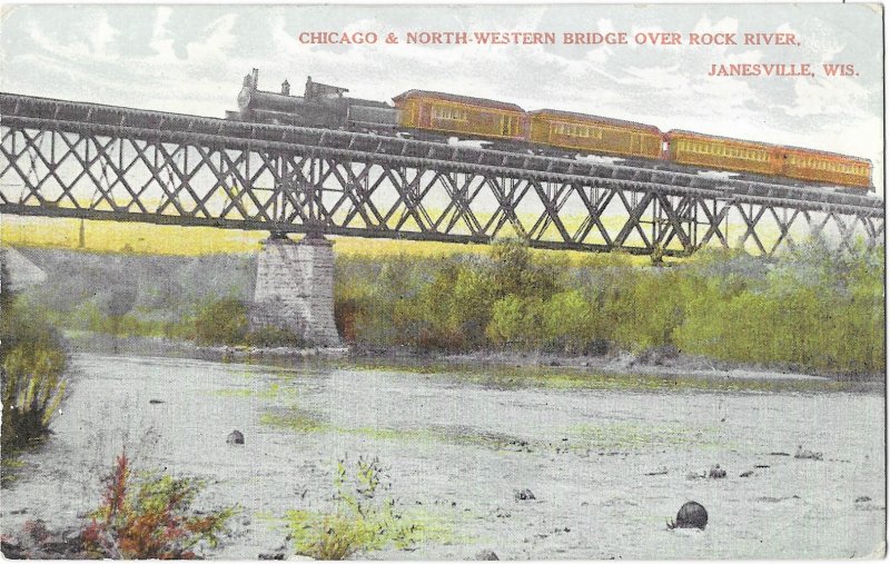 Chicago & Northwestern Bridge Over Rock River & Train Janesville Wisconsin