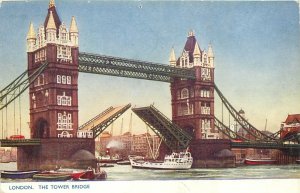 London TOWER BRIDGE postcard open draw ship coal barge fleet