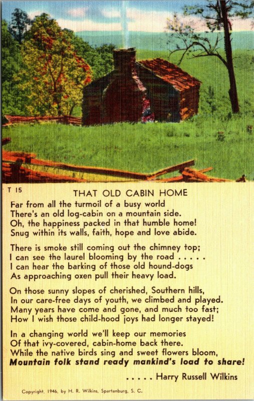 Vtg 1940s That Old Cabin Home Poem by Harry Russell Wilkins Linen Postcard