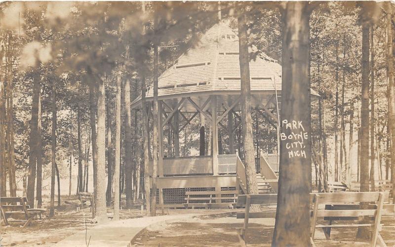 Boyne City Michigan~Park Scene~Pavilion Shaded by Trees~Benches Around~1909 RPPC