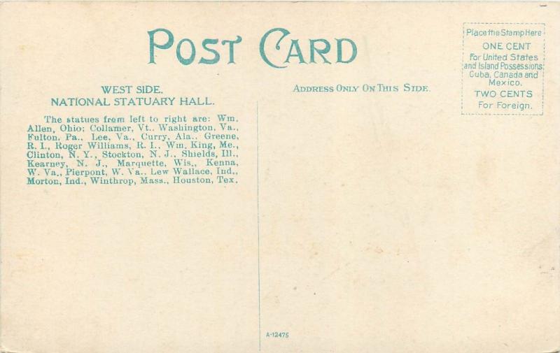 National Statuary Hall West Side U S Capitol Washington DC Postcard