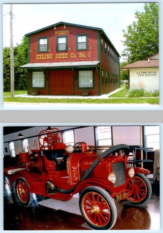 2 Postcards EXLINE, Iowa IA ~ FIRE HOUSE & FIRE TRUCK Appanoose County 4x6