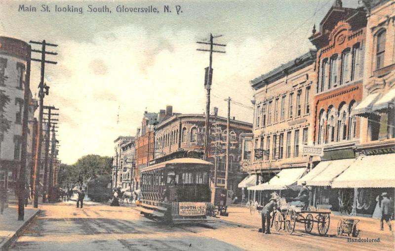 Gloversville NY Main Street Storefronts Trolley Looking South Postcard