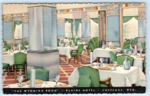 CHEYENNE, WY  ~ Roadside Wyoming Room PLAINS HOTEL c1940s Linen Postcard