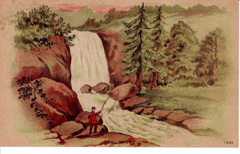 USA Real Sport Art Postcard Flyfishing c 1913 / Fishing / Waterfall / River