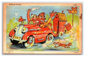Comic People in Car Outhouse on Trailer On Our Way UNP Linen Postcard U3