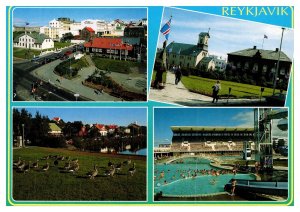 Postcard Iceland Reykavik - Old Town, Church, Parliament, Thermal Pool