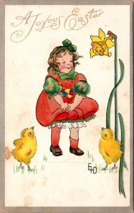 Easter Postcard Little Girl Gathering Colored Eggs Chicks Daffodils