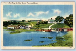 1942 Freeport Maine Postcard Porter's Landing Looking South Building Bridge