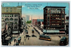 1924 Broadway From Gratiot Ave. Classic Car Building Trolley Detroit MI Postcard