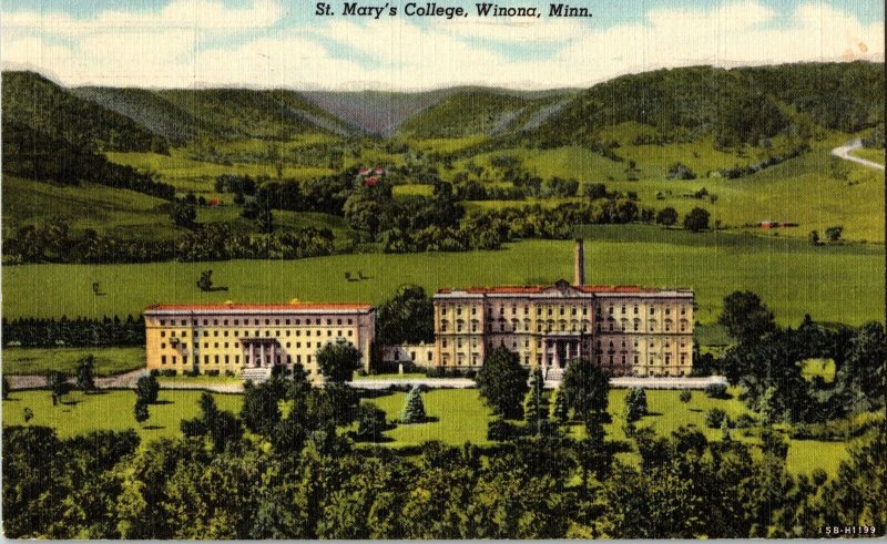 St Marys College Winona Minn Linen Postcard WOB Note 3c Stamp Railroad Engineer 