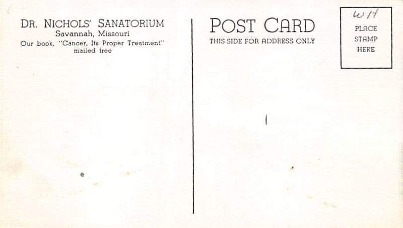 Dr Nichols' Sanatorium for Cancer Savannah, Missouri, USA Unused 