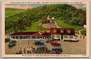 Bill's Place Pennsylvania 1940s Postcard Rt 30 Lincoln Highway Post Office Gas