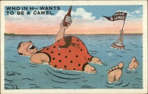 Alcohol Obese Man Swimming Drinking Liquor c1920 Postcard