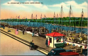 Vtg 1930s Sponge Fleet at Docks Fishing Boats Tarpon Springs Florida FL Postcard