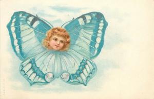 c1905 German Fantasy Art Postcard Girl's Face on Blue Butterfly A & M.B. 104