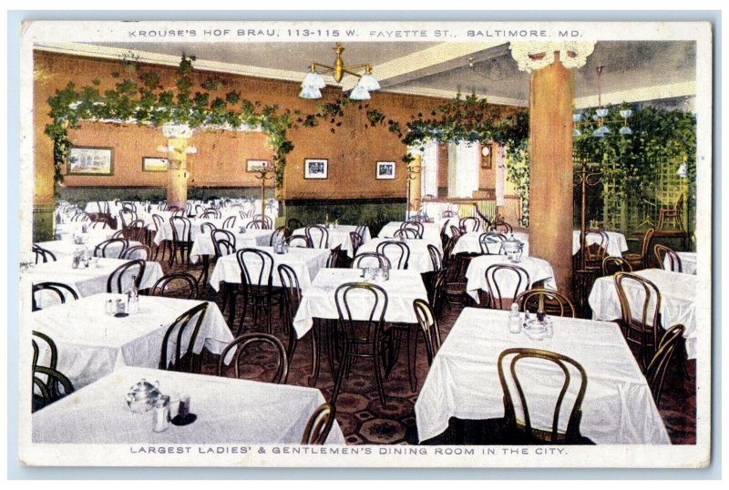 1915 Krouse's Hof Brau Dining Area Baltimore Maryland MD Antique Postcard