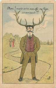 Man with horns and cigar blind or consenting caricature comic postcard France 