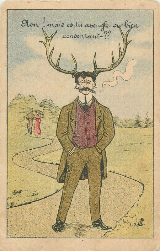 Man with horns and cigar blind or consenting caricature comic postcard France 