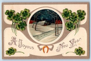 New Year Postcard Clover Winter Scene Horseshoe North Bennington VT 1911 Antique