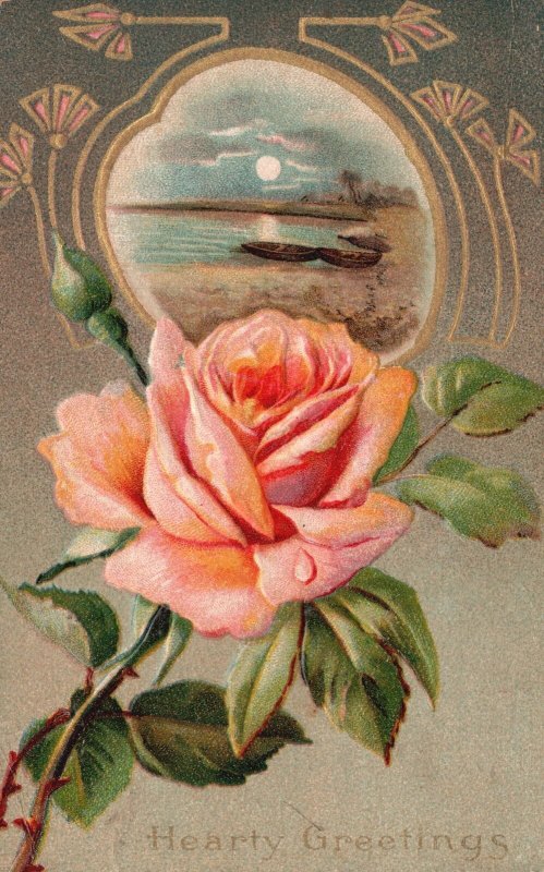 Vintage Postcard 1910 Hearty Greetings Card Old Orange Pink Rose Flowers Ocean