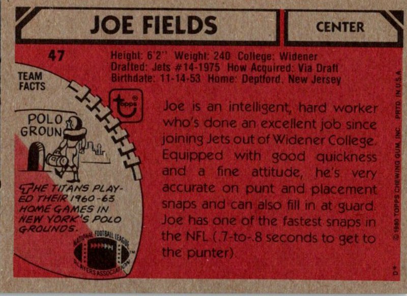 1980 Topps Football Card Joe Fields C New York Jets sun0486
