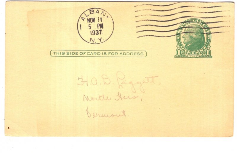 American Postal Stationery, Sent from Albany, New York, Used 1937