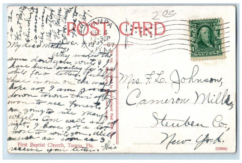 1907 First Baptist Church Building Cross Tower Stairs Tampa Florida FL Postcard 
