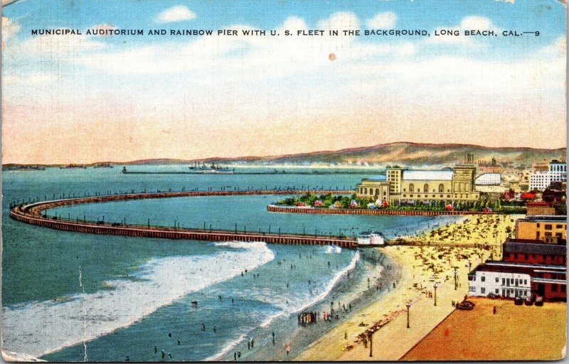 Vtg Municipal Auditorium and Rainbow Pier with US Fleet Long Beach CA Postcard