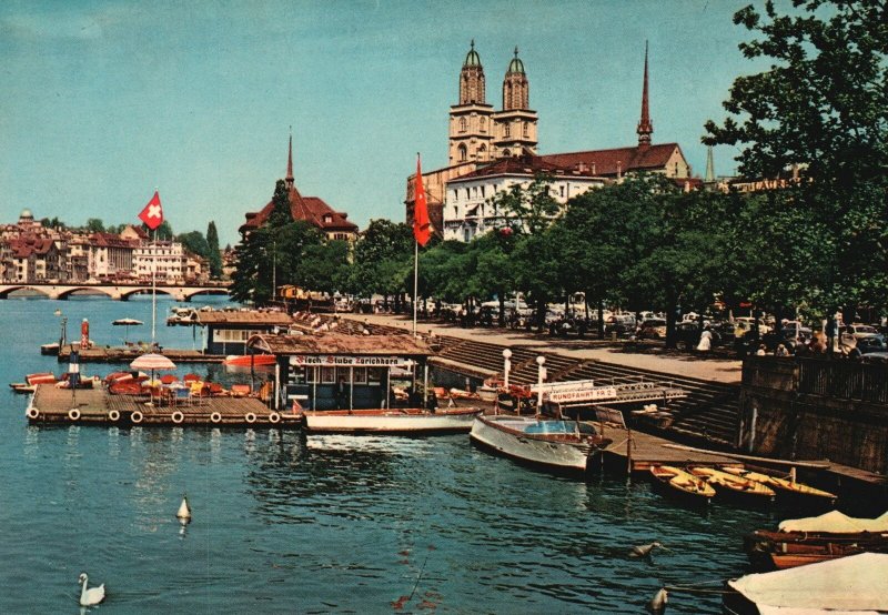 Postcard Partie An Der Limmat Grossmunster Protestant Church Zurich Switzerland