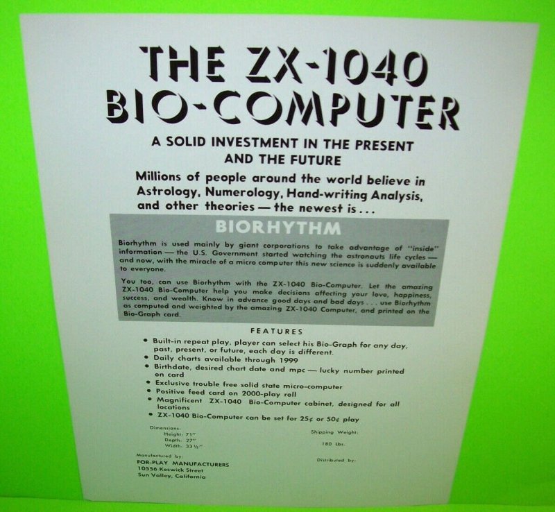 Bio-Rhythm Arcade FLYER ZX-1040 Bio Computer Astrology Fortune Teller Prediction