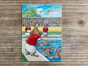 The Swimmers, Audrey Tarrant, Rabbits, Medici Society, London, Vintage Postcard