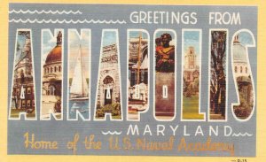 Maryland, MD    ANNAPOLIS LARGE LETTER LINEN~US Naval Academy  ca1940's Postcard